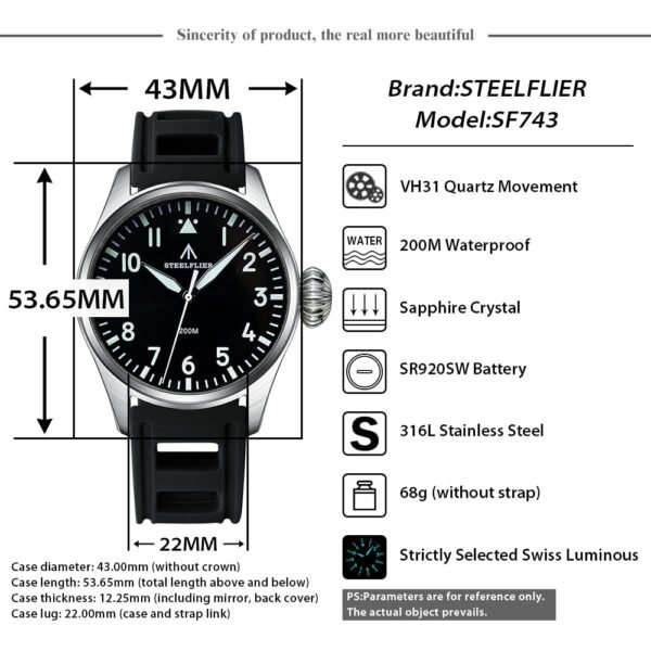 Steeldive SF743 43mm Big Pilot Quartz Watch - Image 4